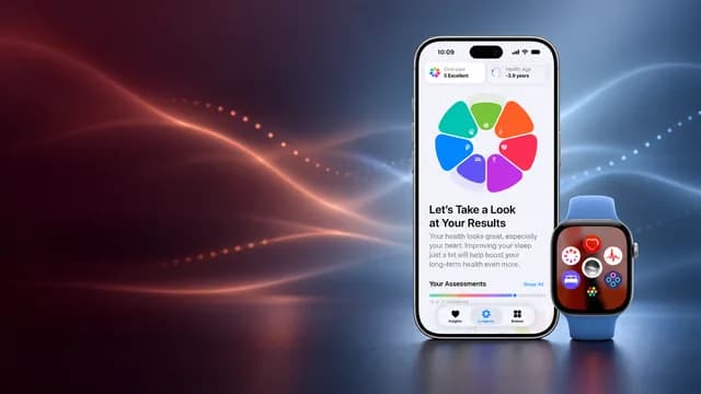 Apple Health results overview and Apple Watch Series 12 against a flowing health-data background.