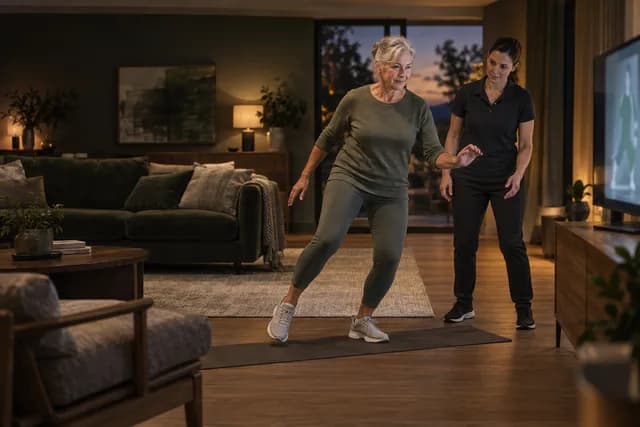 An older woman practices a controlled side-step in her living room while a physiotherapist stands nearby.