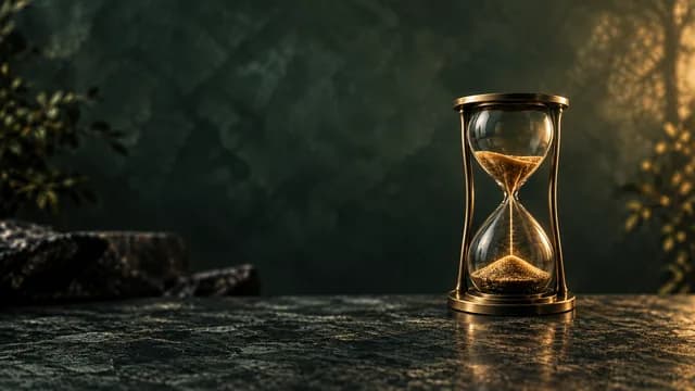 Conceptual bronze and smoked-glass hourglass on a dark textured surface, illustrating intervention timing.