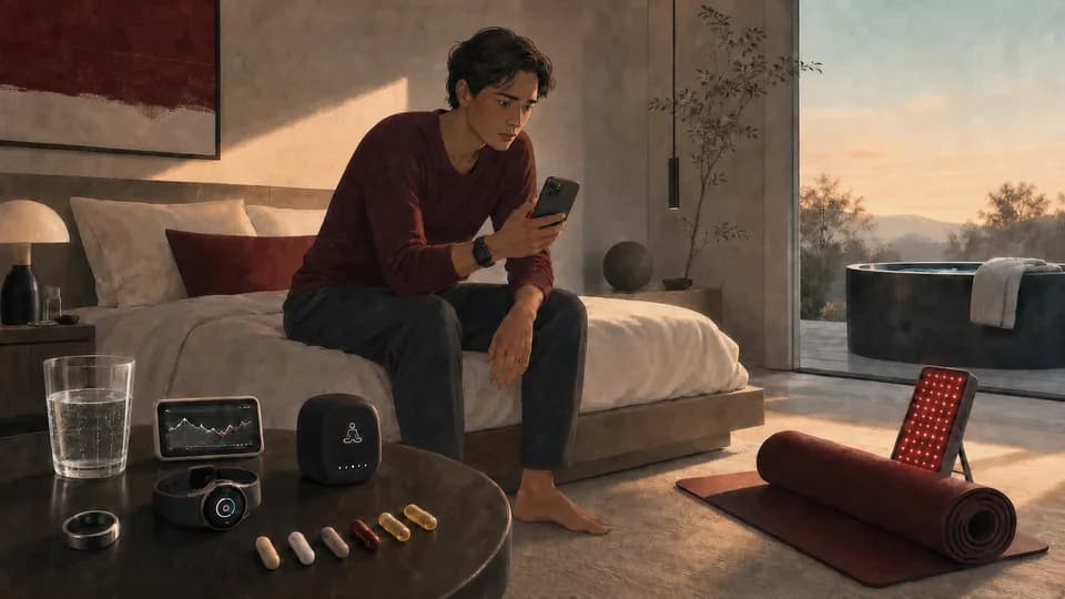 A visibly worried person studies a phone whose screen faces away from the viewer, surrounded by wellness devices.