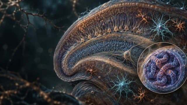 Conceptual cross-section of human hippocampal tissue with support cells, microglia-like cells and folded chromatin inside a cell nucleus.