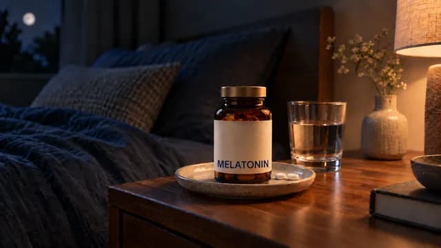 A centrally balanced bedside still life with an amber bottle labelled MELATONIN, two tablets and a glass of water.