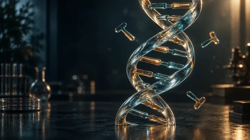 Conceptual glass DNA helix and separate building blocks in a dark laboratory-inspired scene.