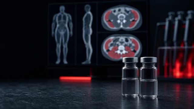 Unlabeled biologic vials in front of body-composition scan imagery