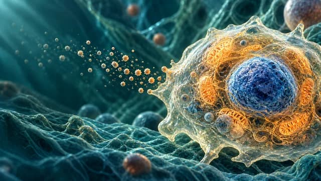 Conceptual close-up of a translucent ageing cell with a blue nucleus and bright amber mitochondria in a deep teal tissue environment.